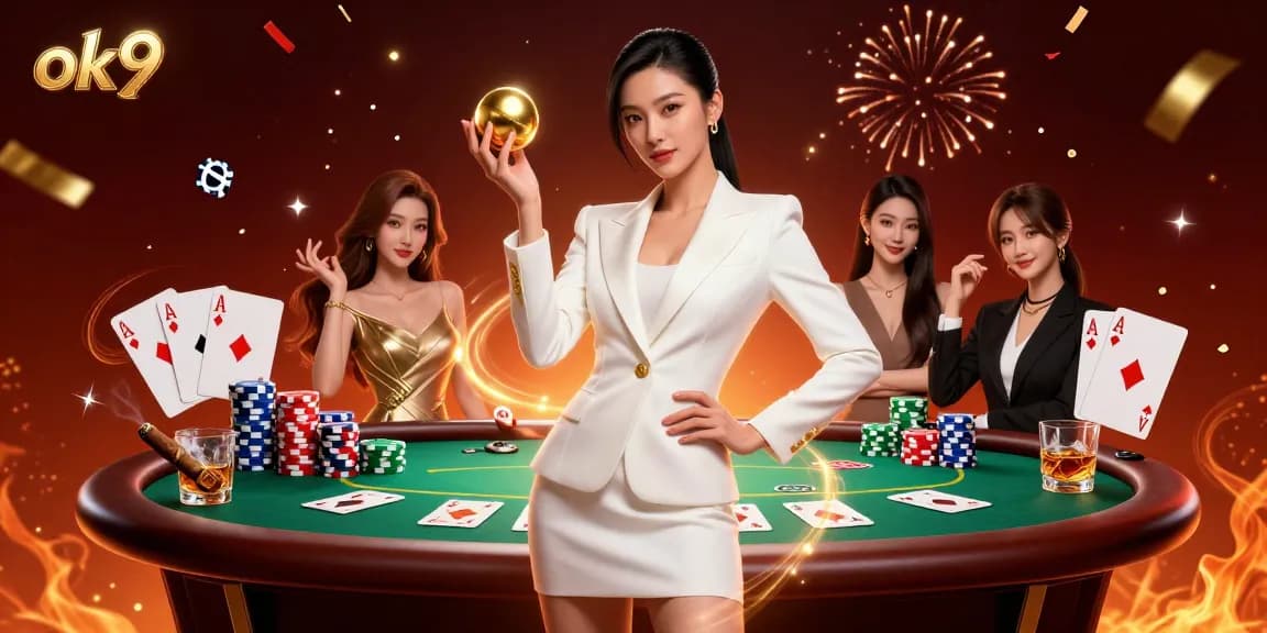 Bet on ok9 with a stunning Asian woman elegantly holding a roulette ball amid luxurious casino elements.