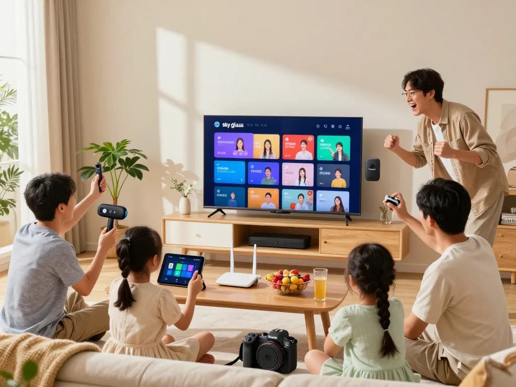 Sky Glass IPTV installation Guide in a lively family setting, demonstrating easy setup process with smart devices.