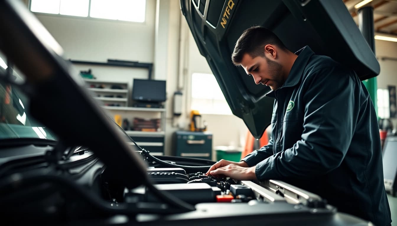 Kinghams automotive expert repairing a Land Rover engine in a bright garage.
