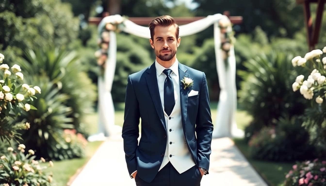 Elegant groom wearing designer menswear at an outdoor wedding surrounded by greenery.