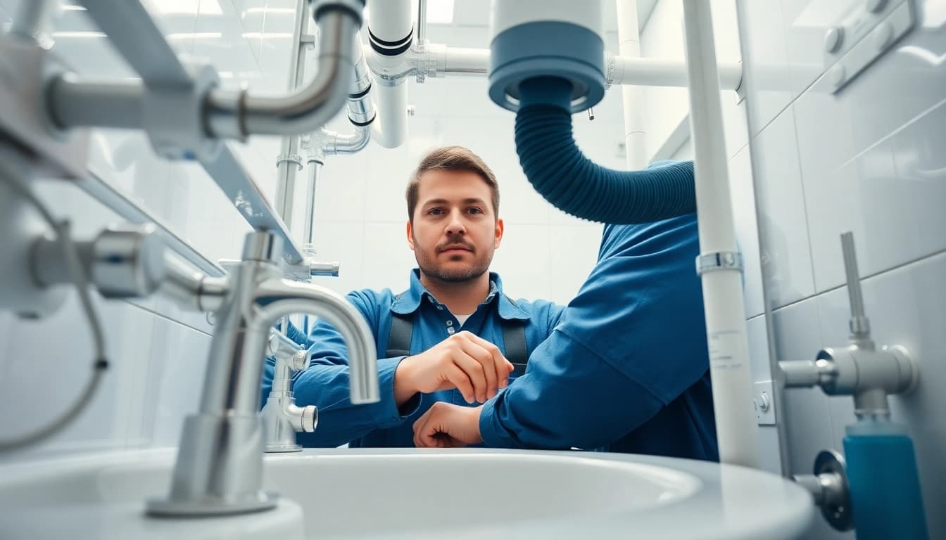 Fachkraft bei der Installation von sonni sanitär-Produkten mit modernen Rohrleitungen und fittings.