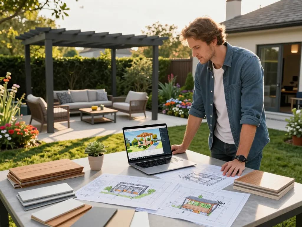 Engaging designer using a pergola configurator in a sunlit backyard.