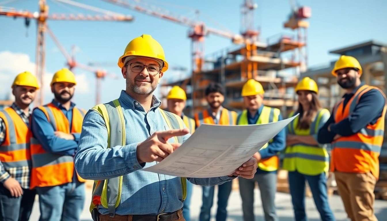 New York General Contractor leading a diverse team at a bustling construction site.