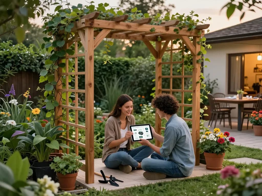 Couple using a pergola 3D planner in a garden setting for outdoor design.