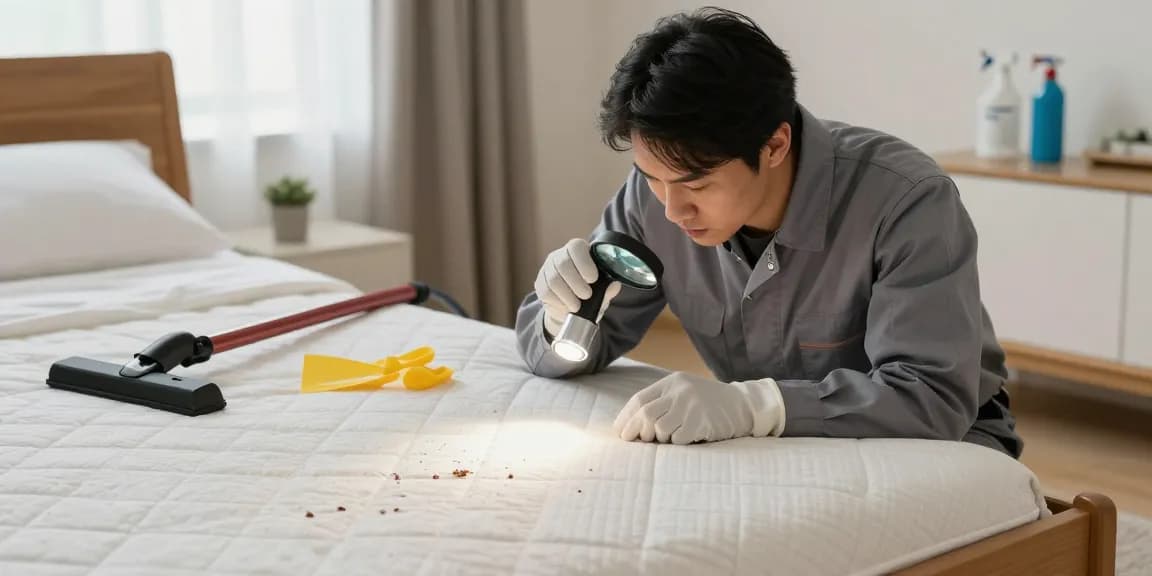 Thorough bed bug control inspection in a cozy bedroom setting.