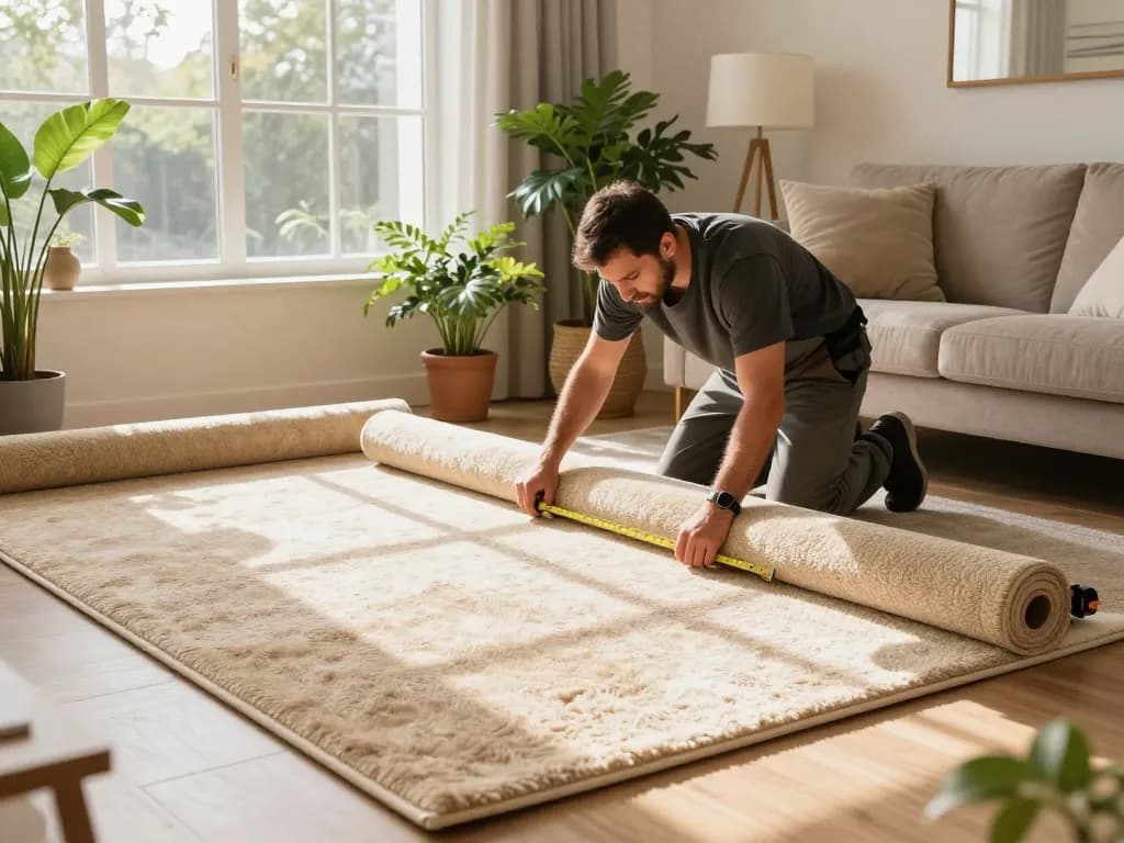 Professional carpet fitters near me expertly installing plush carpet in a bright living room.