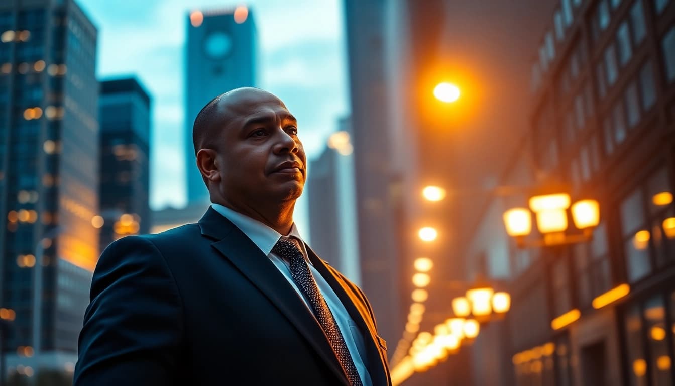 A personal security guard stands confidently in an urban landscape, showcasing professionalism and vigilance.