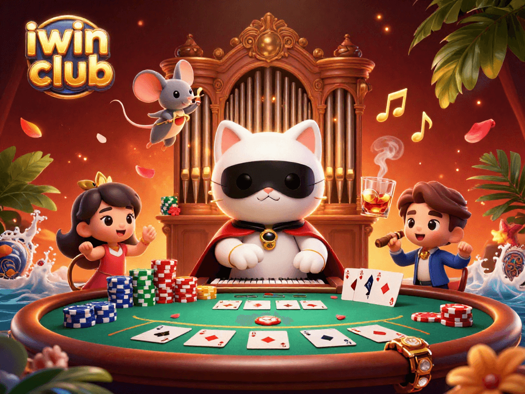 Win big at iwin club with a vibrant casino scene featuring a playful cat and mouse acrobat.