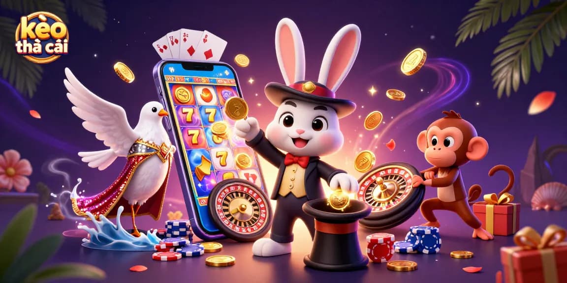 Engage with kèo nhà cái as a magician rabbit unveils golden coins amidst thrilling casino elements.