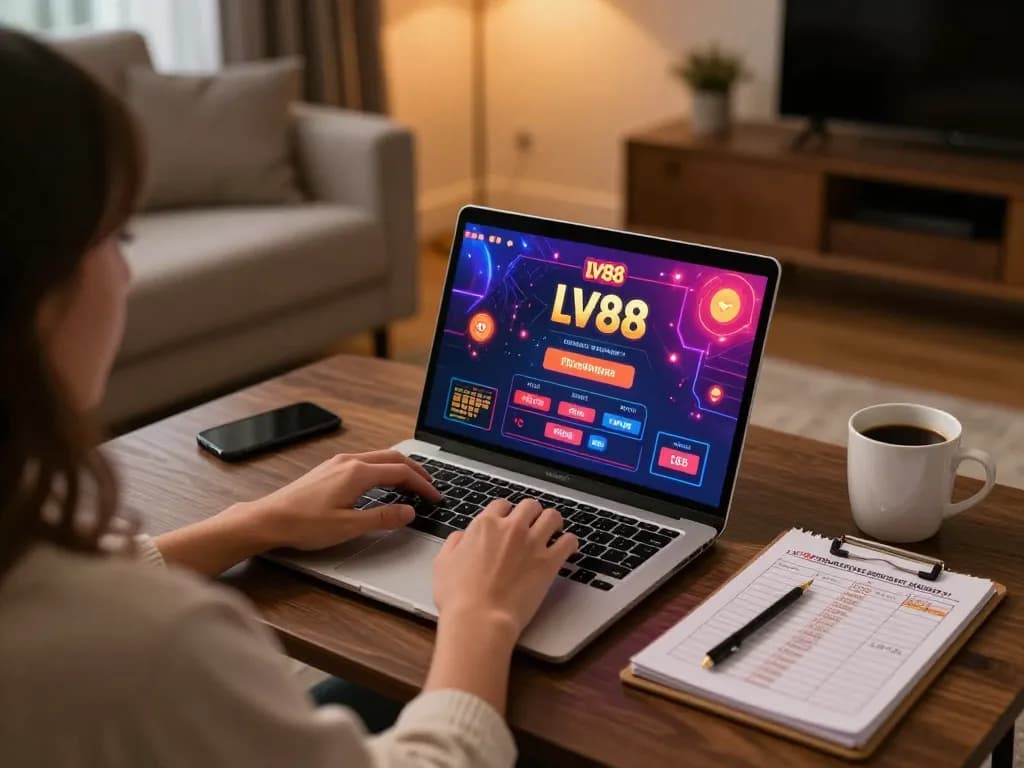 Person enjoying online casino gaming at LV88 on laptop in a cozy home setting
