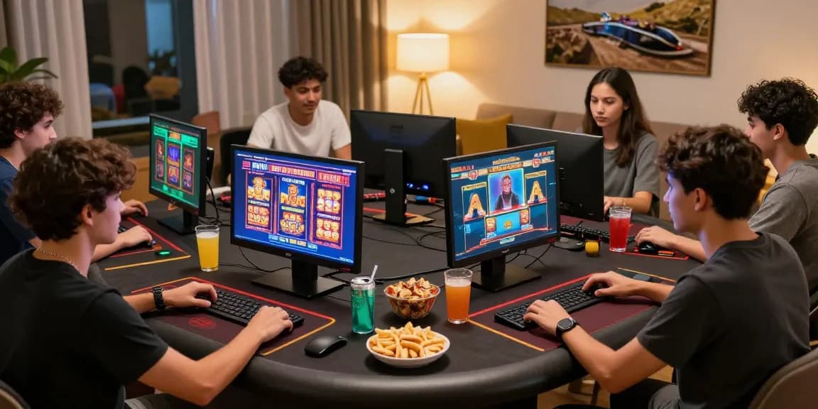 Players enjoying a lively gaming experience at credit card casinos in a cozy setting, showcasing excitement and social interaction.