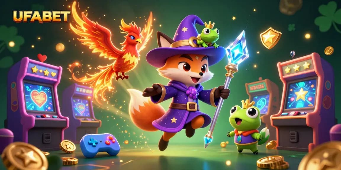 Experience the excitement of UFABET with a vibrant, whimsical 3D illustration showcasing magical characters and dynamic gambling elements.
