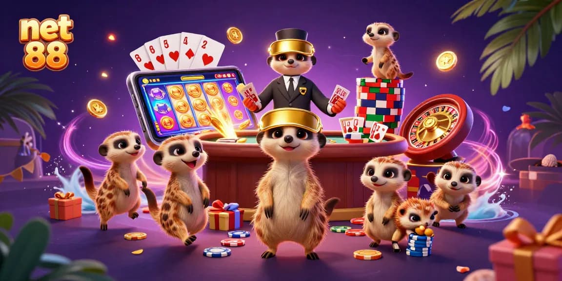 Engage with net 88 in a vibrant, 3D casino scene featuring playful meerkats.