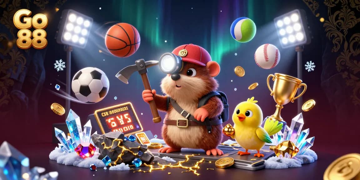 Experience the thrill at Go 88 with a treasure hunter mole and canary in a vibrant casino scene filled with dynamic sports elements.