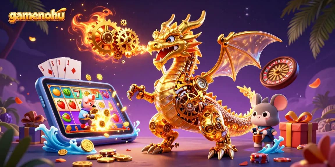 Play exciting slot games with gamenohu's animated golden dragon and vibrant casino elements.
