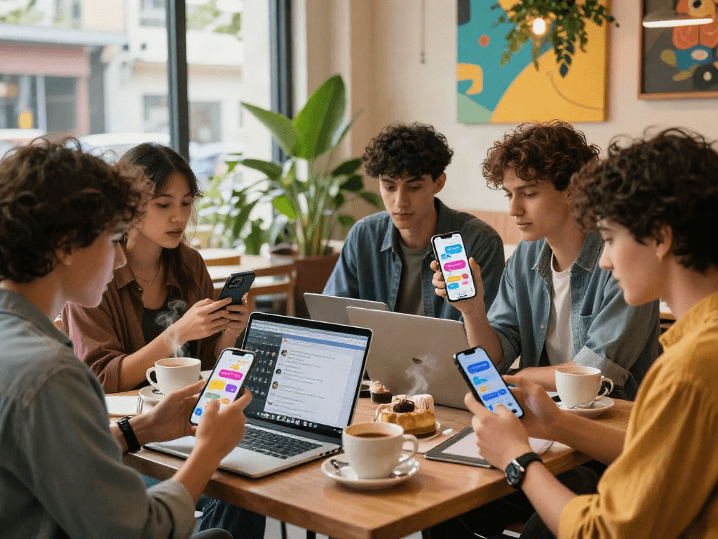Youthful group discussing spicychat in a lively cafe setting, showcasing smartphones and vibrant communication.
