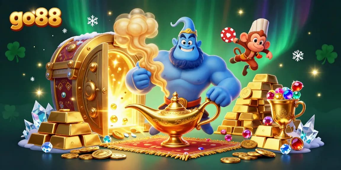 Engage with go88's vibrant 3D casino world showcasing rich gambling treasures and animated characters.