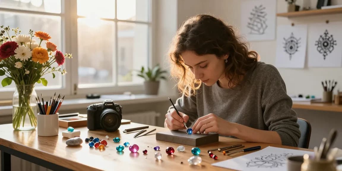 UK jewellery designer crafting unique ocean-inspired pieces in a stylish studio.
