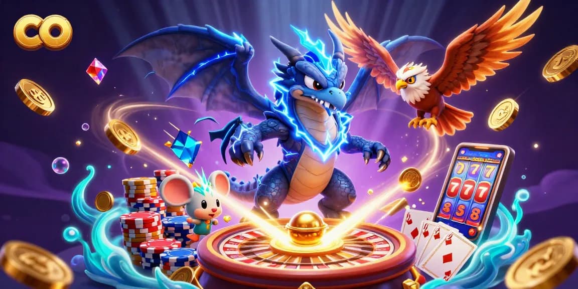 Spin to win at co, featuring vibrant 3D casino characters amidst cascading coins and cards.