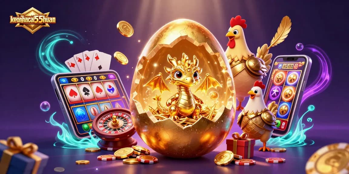 Experience the thrill of gaming with keonhacai55chuan's unique golden egg cracking open, revealing a treasure of poker chips and excitement.