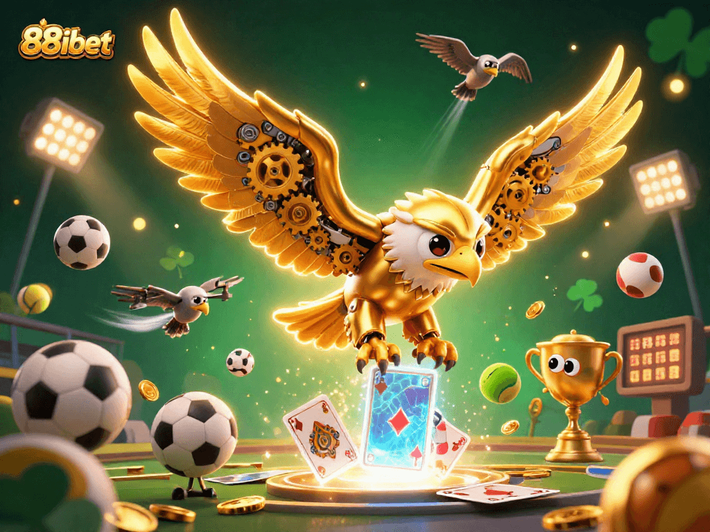 Experience thrilling moments at 88ibet with a golden eagle soaring through holographic cards and dynamic sports elements.