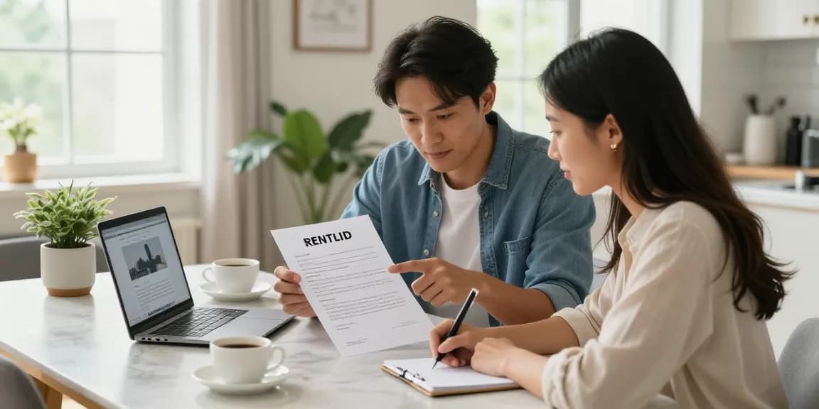 Kira sözleşmesi örneği inceleyen bir çift, modern apartman ortamında, kiralama sürecinin önemini vurguluyor.