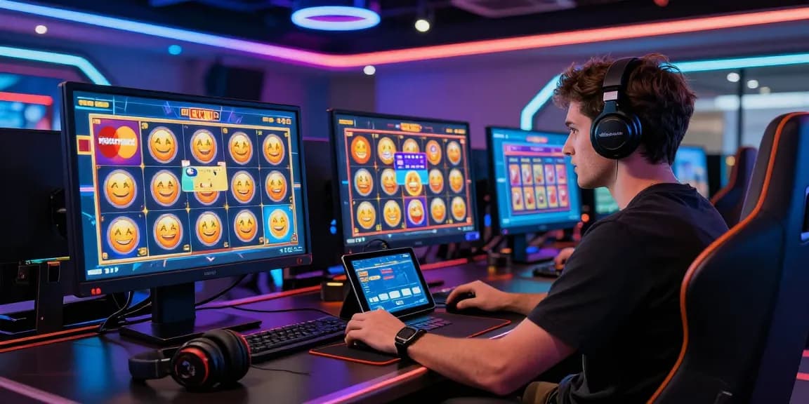 Engaging scene of a player enjoying mastercard casinos with vibrant graphics and credit card icons