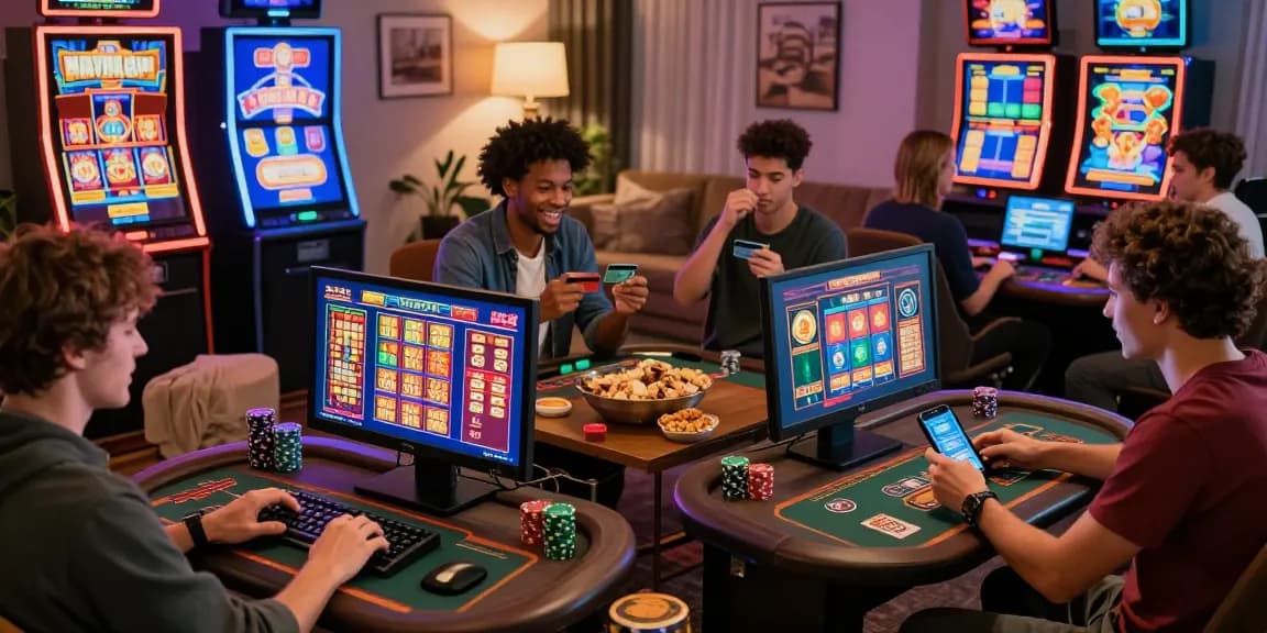 Dynamic online casino scene featuring players engaging with credit card payment methods on https://being-there.org.uk/ in a lively home environment.