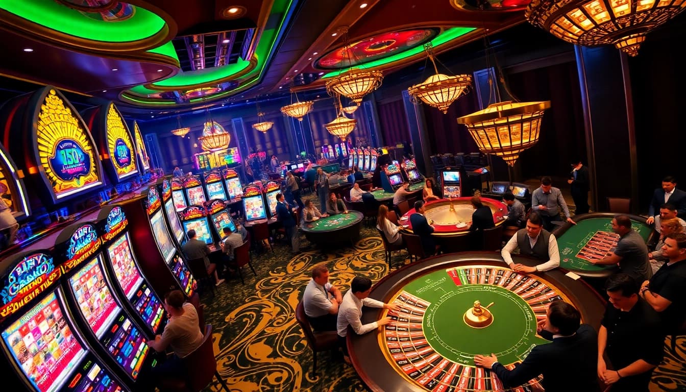 Exciting casino gaming scene showcasing 8DAY, vibrant slots, and intense poker action.