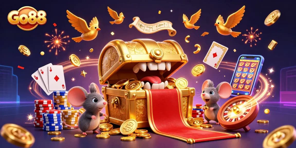 Experience the thrill of Go88 with vibrant 3D casino elements showcasing golden treasures and exciting games.