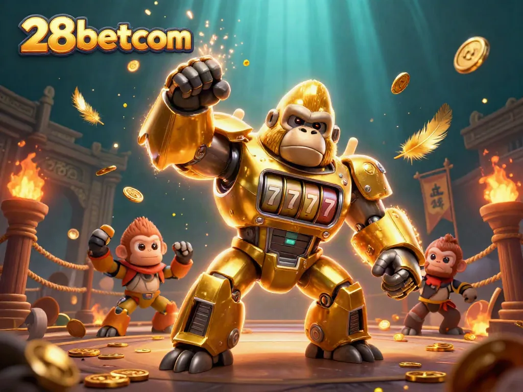 Engage with 28betcom's exciting gaming atmosphere featuring a vibrant mech and slot machines.