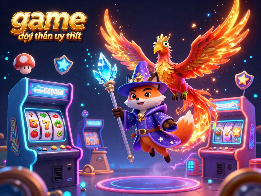 Engage with the vibrant world of game đổi thưởng uy tín through an illustrated scene featuring a wizard fox, phoenix, and gaming elements.