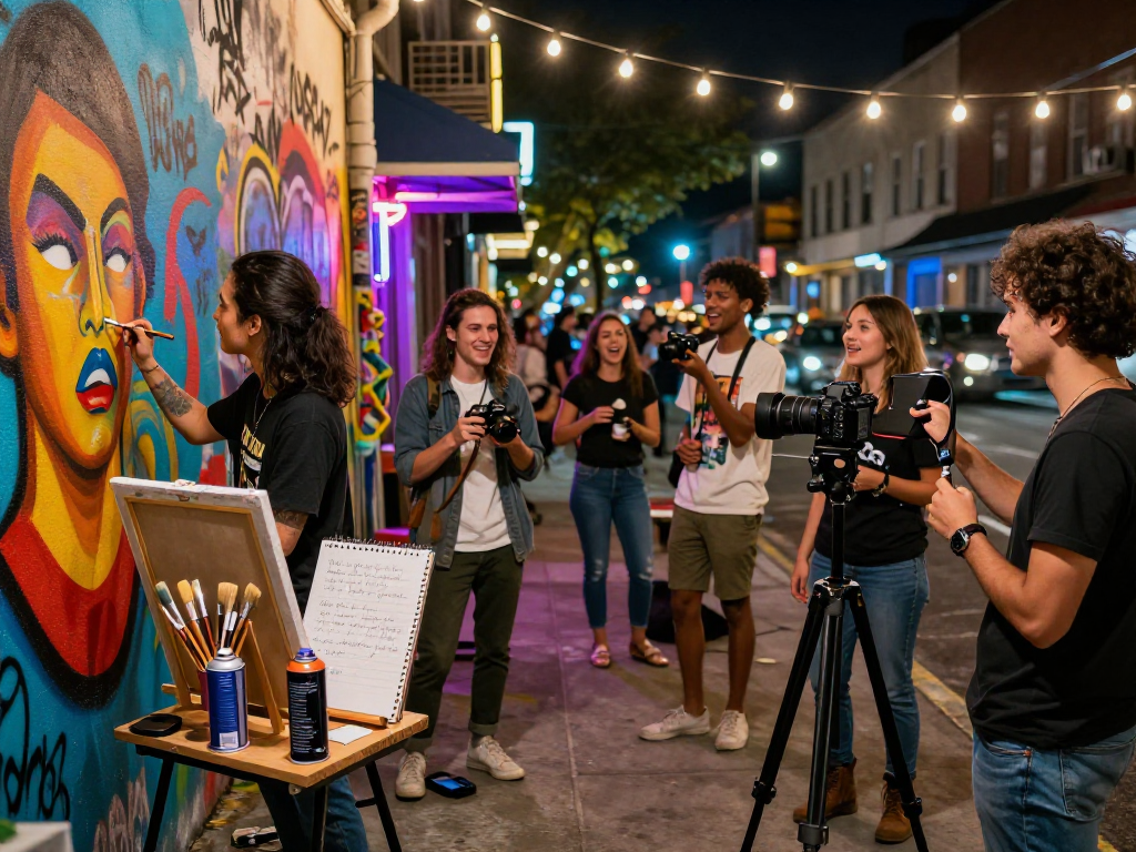 Dynamic nightlife scene illustrating nsfw artistic expression with diverse individuals engaged in creativity.