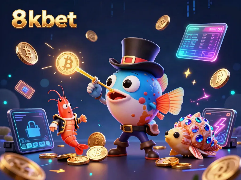 Engage with 8xbet's vibrant online gaming scene featuring cartoon characters and crypto elements.