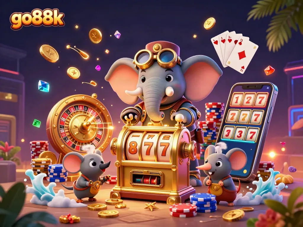 Engage with go88k as the steampunk elephant spins golden slots surrounded by cheerful gaming elements.