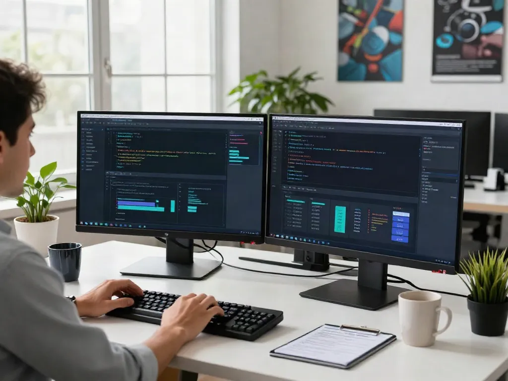 Developer using a web link interface on dual monitors in a bright office.
