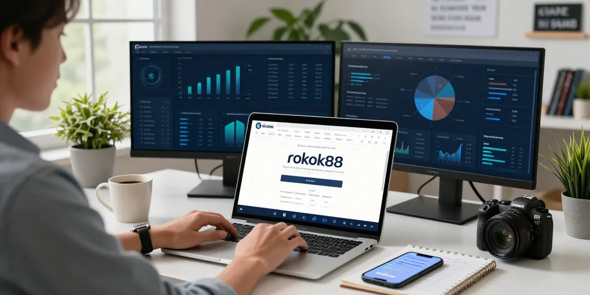 User engaged in the rokok88 login process at a sleek office workspace, illustrating modern digital finance.