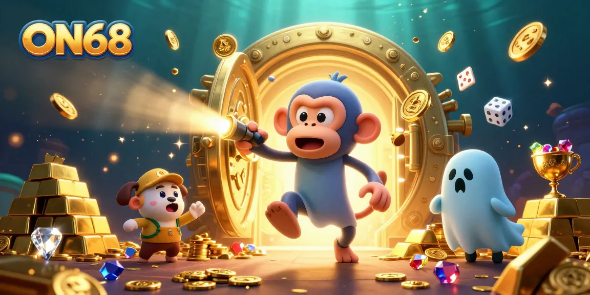 Experience thrilling gameplay at ON68 with golden treasures and charming characters in a lively casino.