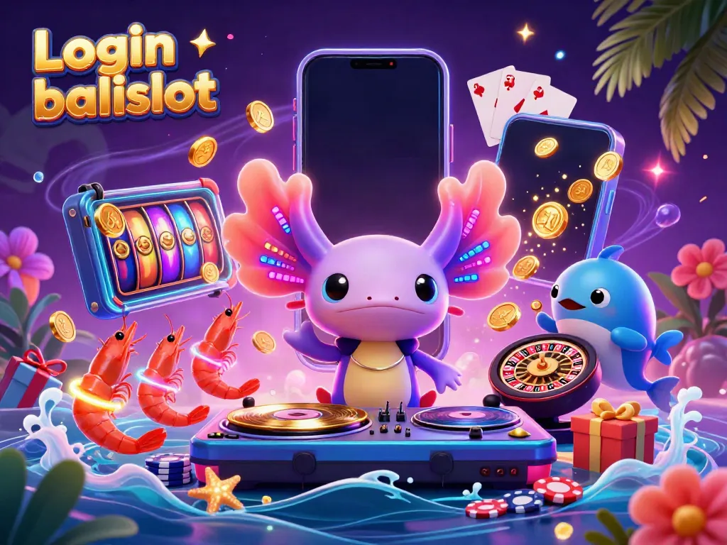 Experience thrilling fun with Login balislot in this vibrant 3D casino illustration featuring dynamic characters and games.