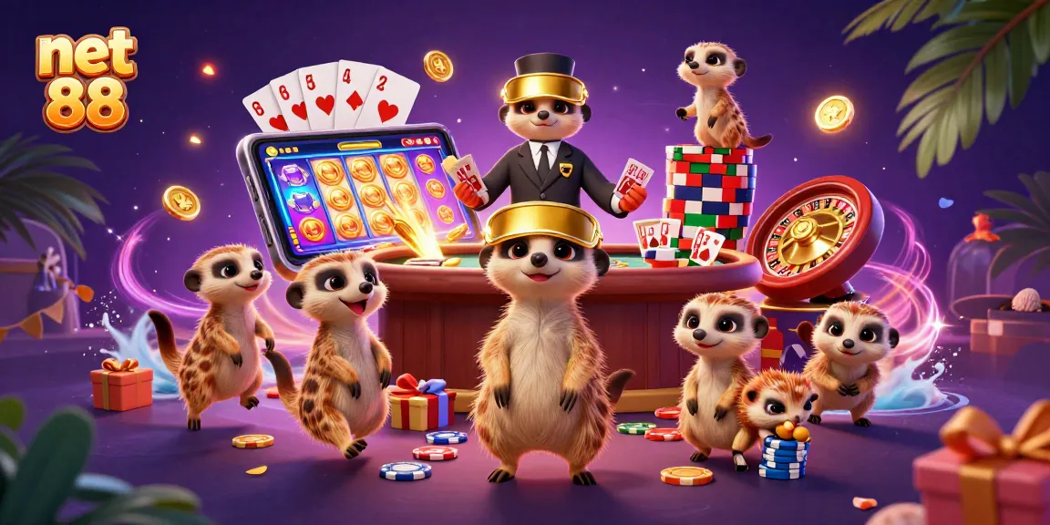 Engage with net 88 in a vibrant, 3D casino scene featuring playful meerkats.