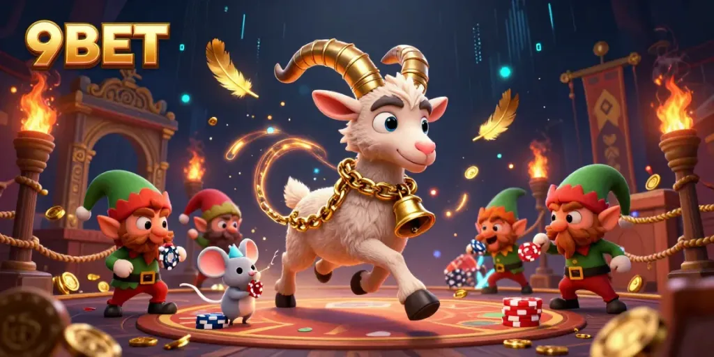 Engage in thrilling casino action at 9BET with Krampus, a mouse, and gremlins in a festive scene.