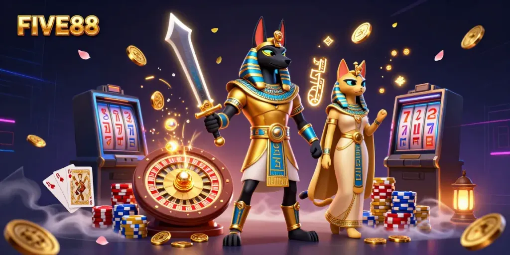 Engaging FIVE88 casino illustration showcasing Anubis and Bastet with dynamic gaming elements.