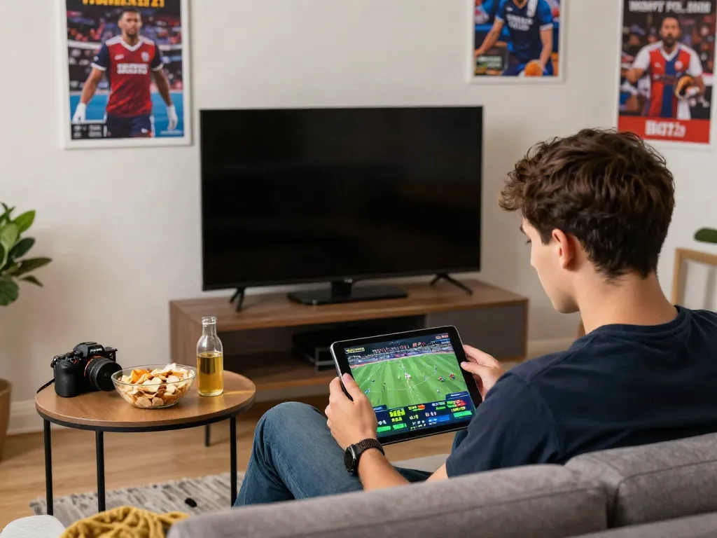 Engaged user enjoying live sports betting on LU88 in a vibrant living room.