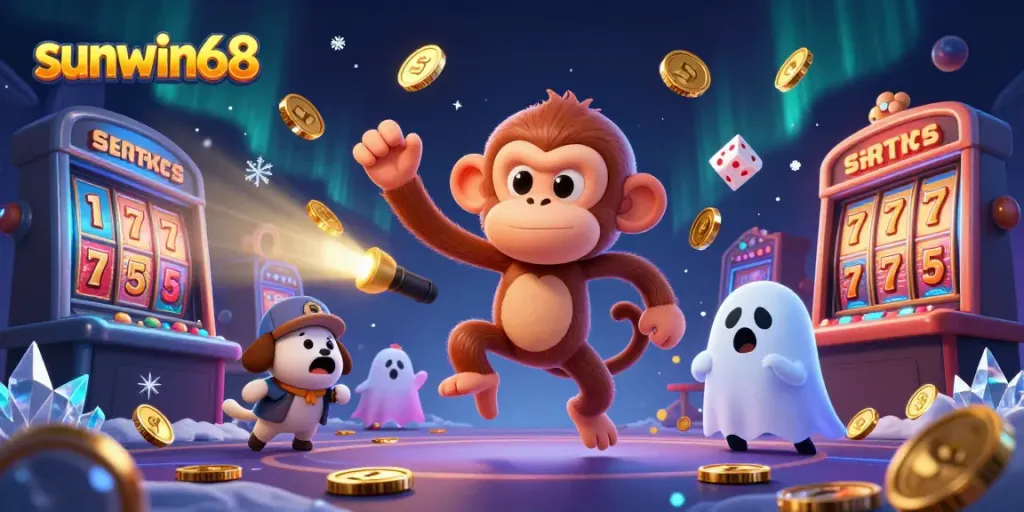 Engage in thrilling games at sunwin68 where a mischievous monkey juggles golden casino items in a vibrant, haunted setting.
