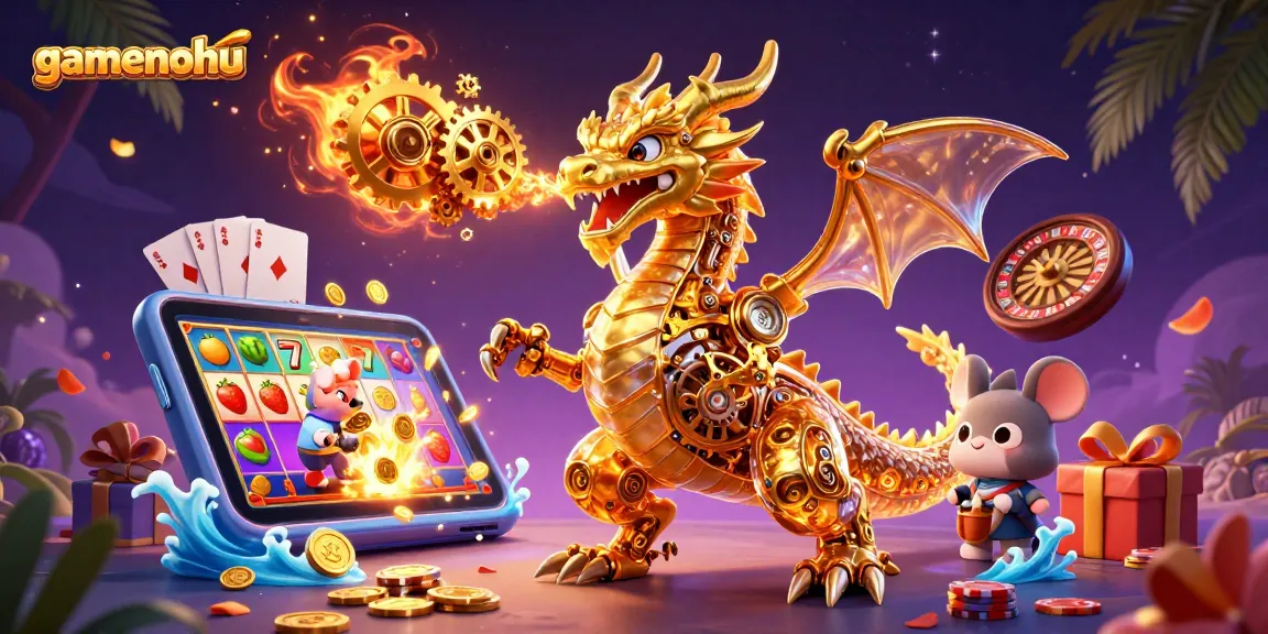 Play exciting slot games with gamenohu's animated golden dragon and vibrant casino elements.