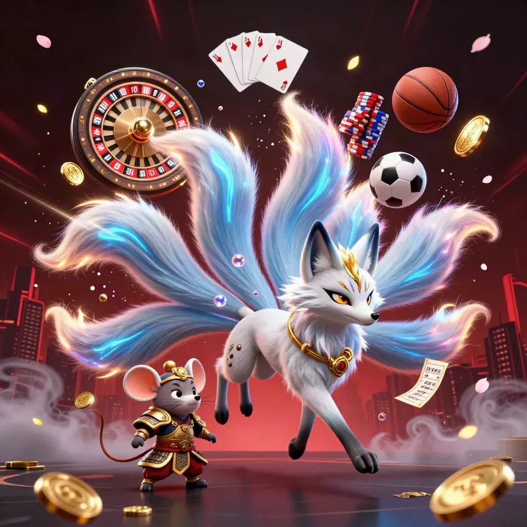 Neon fox spirit and armored mouse amid casino symbols, coins, cards, roulette, and blue glow