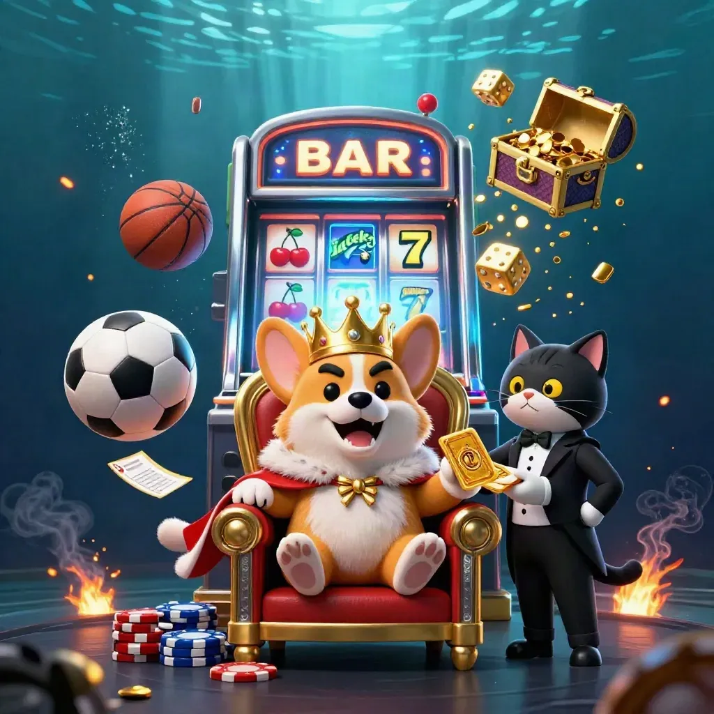 Crowned corgi and cat butler amid casino bursts, soccer ball, chips, and teal light