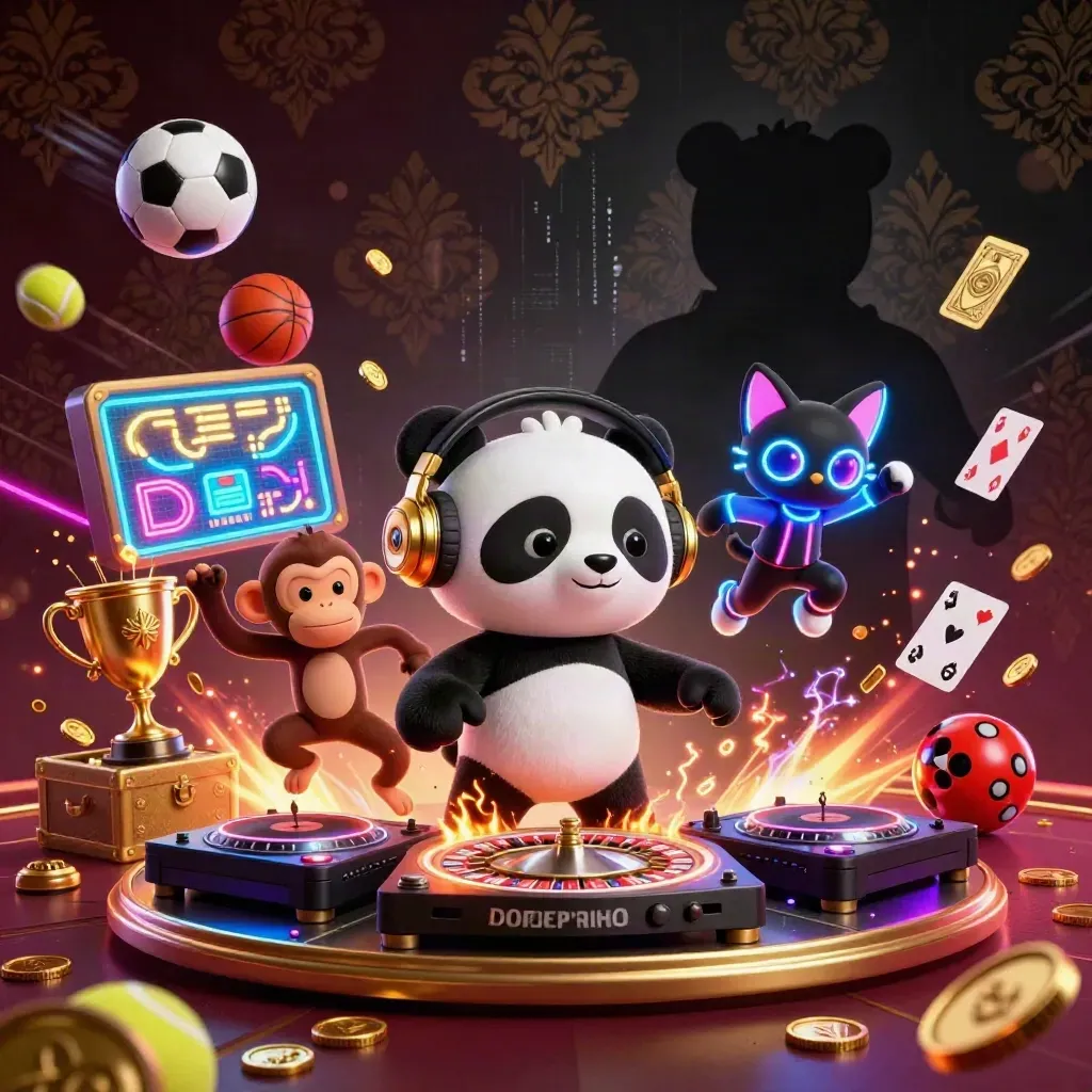 Neon casino fantasy with panda DJ, monkey dancer, glow-stick kitten, coins and flying sports balls.