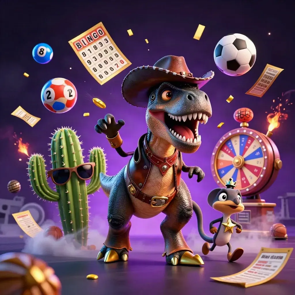 Cowboy T-Rex, cactus sidekick and sheriff roadrunner amid casino game bursts on a neon starfield.