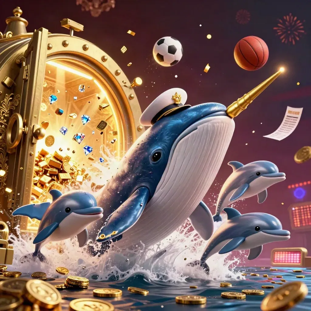 Whale, narwhal and dolphins burst through coins and treasure under dark luxe casino lights